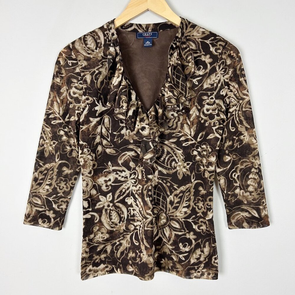 Y2K Chaps Brown Forest Fairy Floral Stretch Mesh Ruffle Top Sz Medium Women's